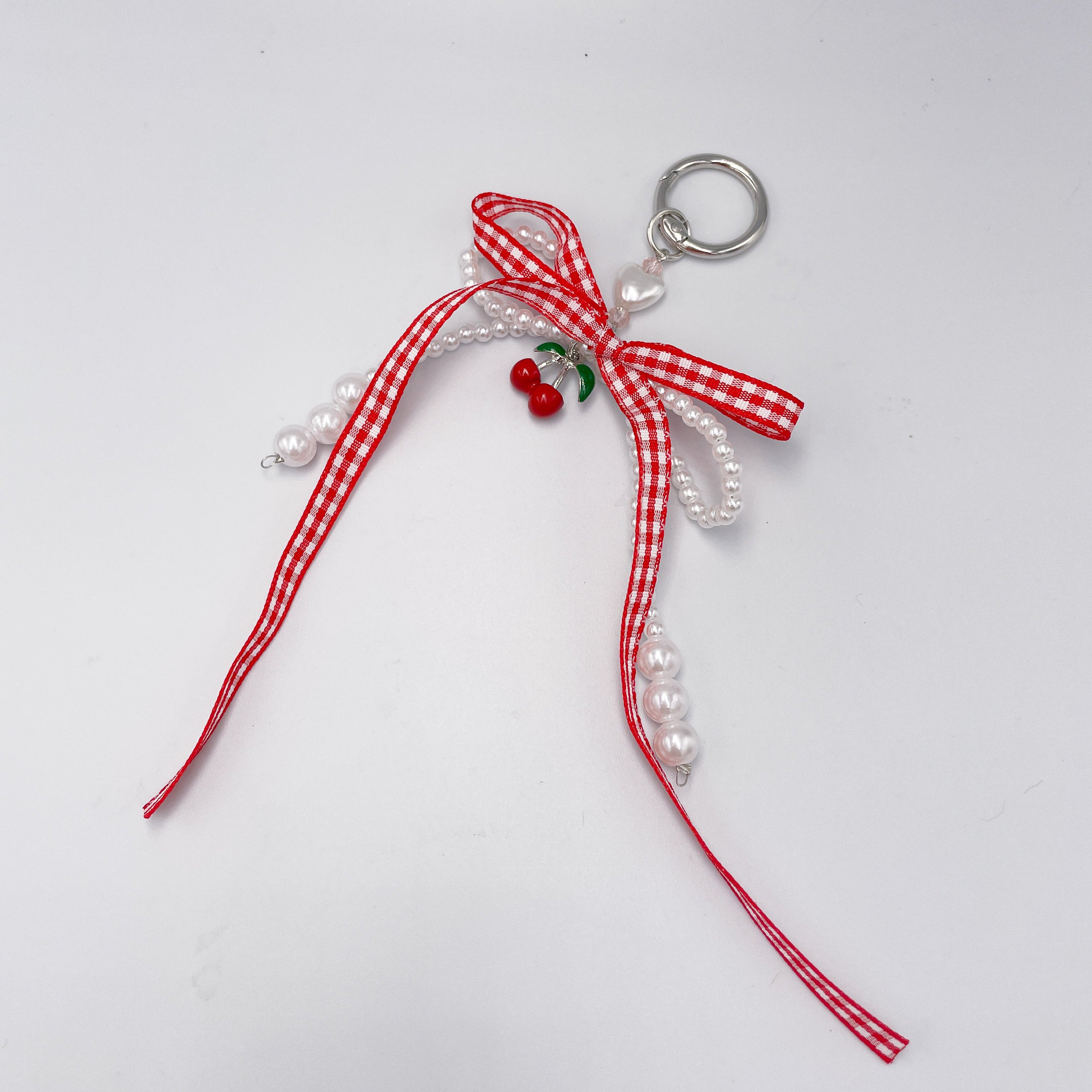 Gingham Ribbon & Pearl Cherry Bag Charm