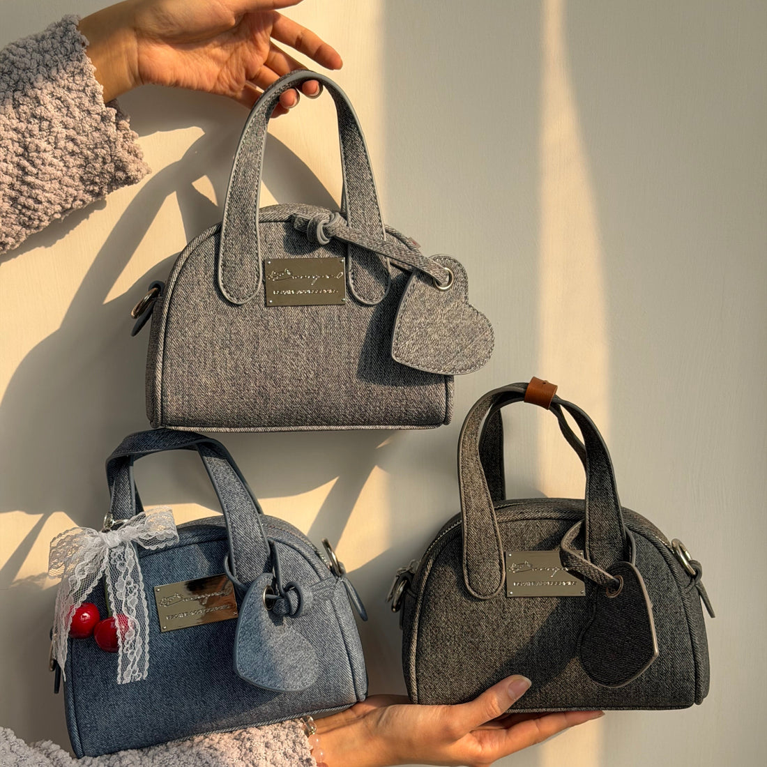 Japanese Denim Heart Boston Bag