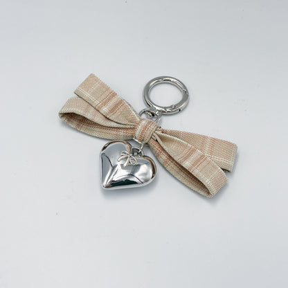 Plaid Ribbon Heart Bag Charm - Preppy Style Accessory